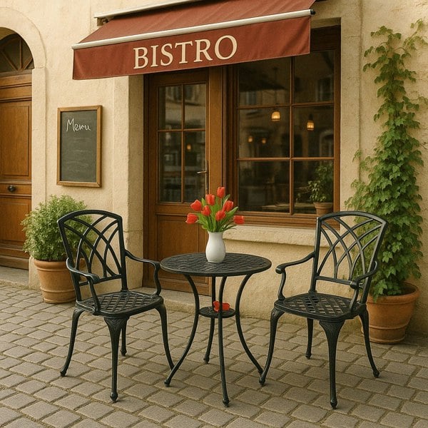 Centurion Supports OSHOWA Luxurious Garden and Patio Table and 2 Large Chairs with Armrests Cast Aluminium Bistro Set - Black