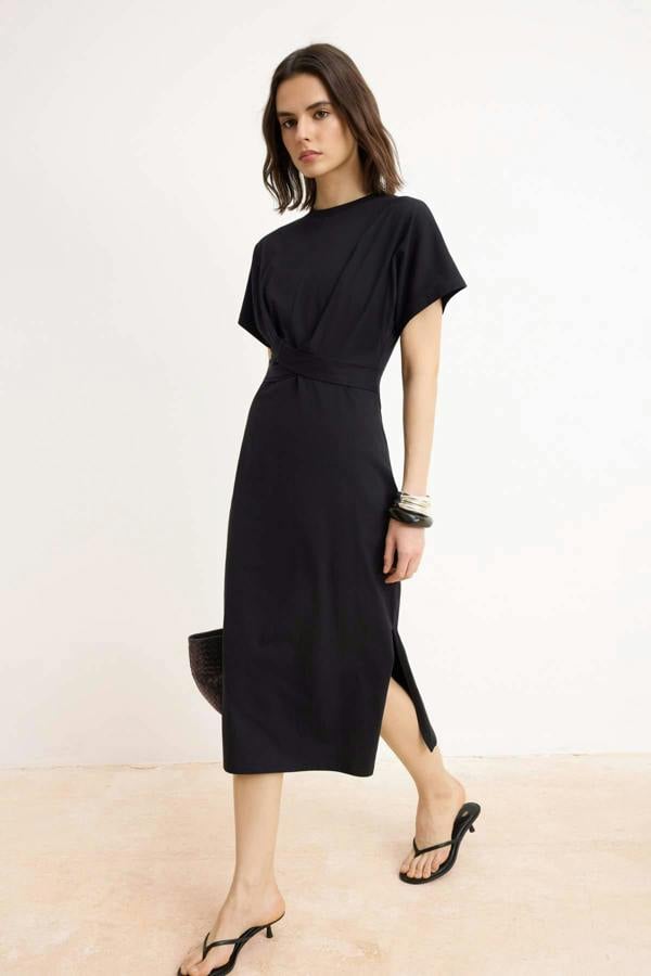 WOVCOR Batwing Sleeve Bodycon Midi Dress with Tie Waist Detail