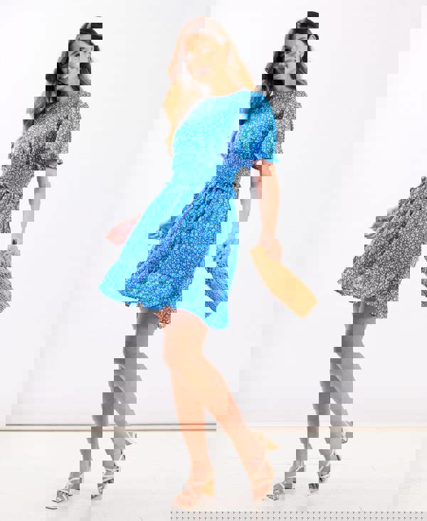 Needs No Label Blue Shirred Waist Mini Dress