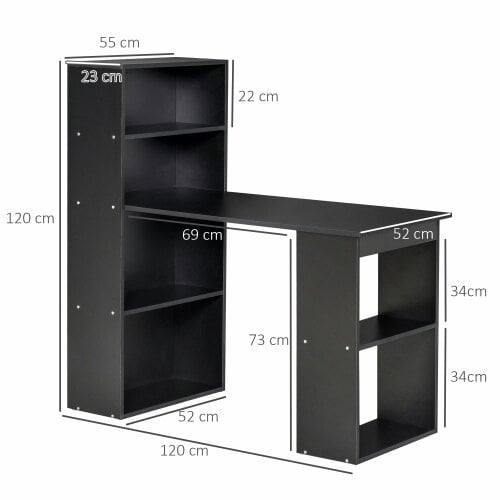 Wyld Haus Elni 120cm Wooden Black Study Desk With 6 Tier Bookshelf Storage