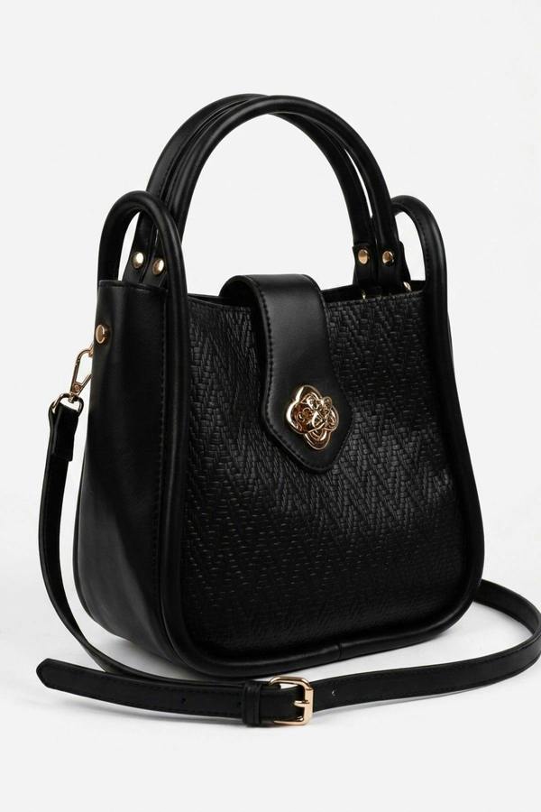 Cordelia Woven Panel Shoulder Bag - Black