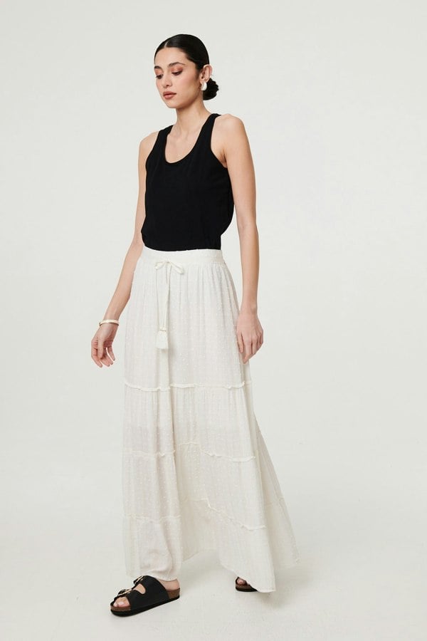 White | Textured High Waist Tiered Maxi Skirt
