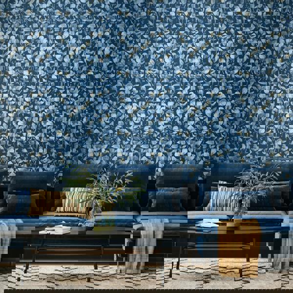 Hoopla Walls Watercolour Leaves - Slate Blue 10m Wallpaper