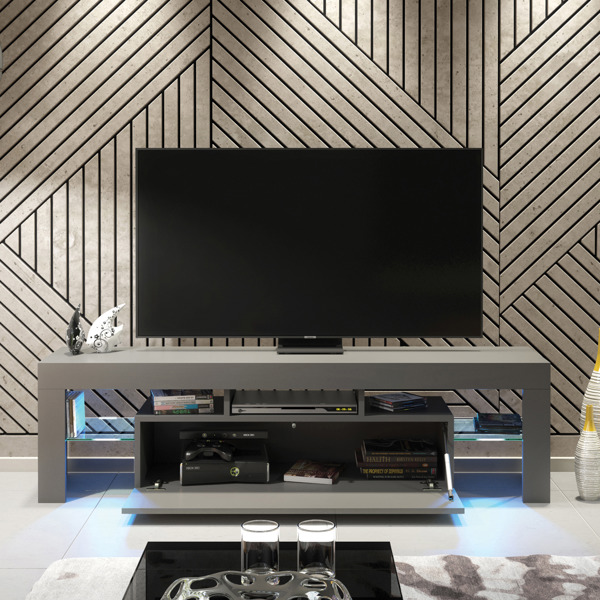 Mex Furniture 160cm TV Unit – Modern TV Stand Cabinet with Grey High Gloss Doors and Free LED