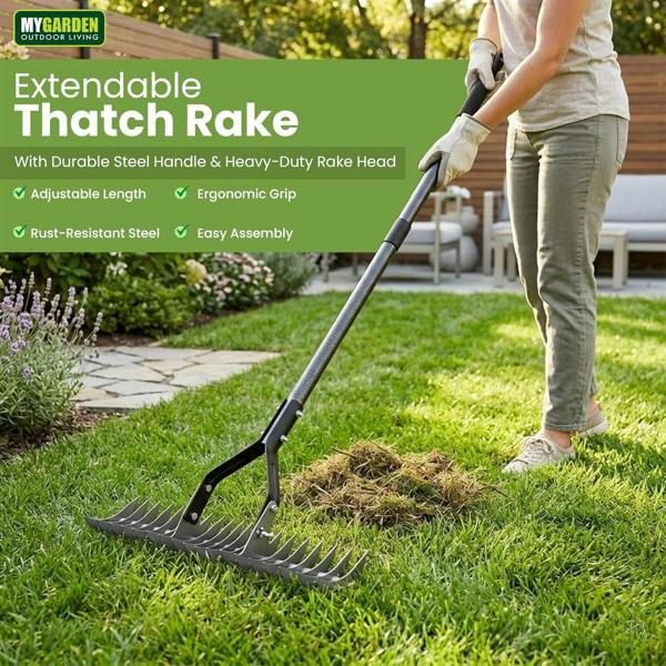 My Garden Outdoor Living My Garden Extendable Thatch Rake 1.77M - Manual Lawn Scarifier - Adjustable Steel Handle - Moss & Thatch Rake
