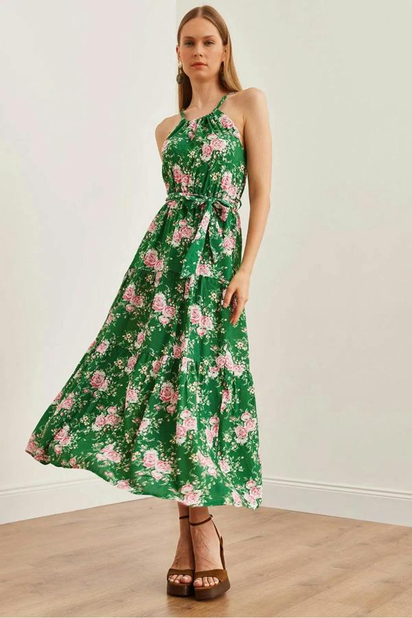 Hoxton Gal Halter Neck Belted Midi Dress