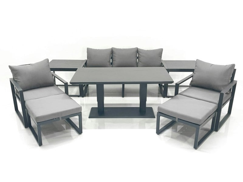 Fimous Dark Grey Aluminium Outdoor Dining Set - Adjustable Lifting Table, 3-Seater Sofa, 2 Chairs, 2 Big Footstools & 2 Side Tables