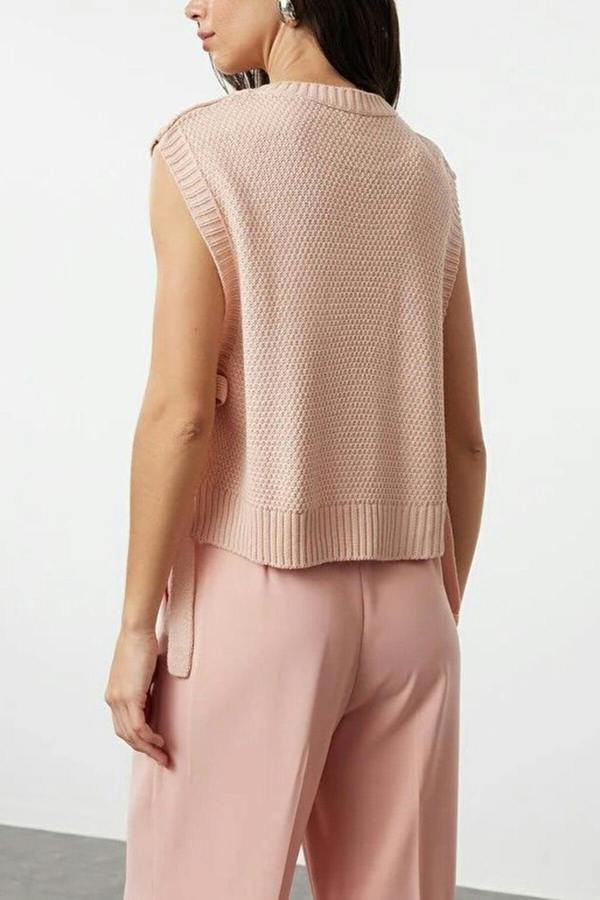 WOVCOR Crop Knit Sweater with Side Ribbon Tie Detail