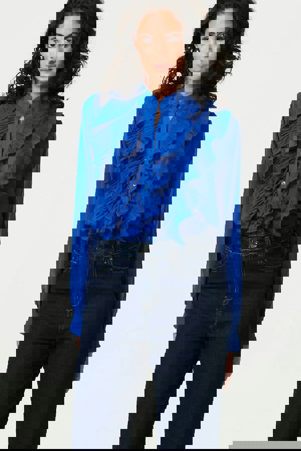 Blue | Ruffled Long Sleeve Semi Sheer Blouse
