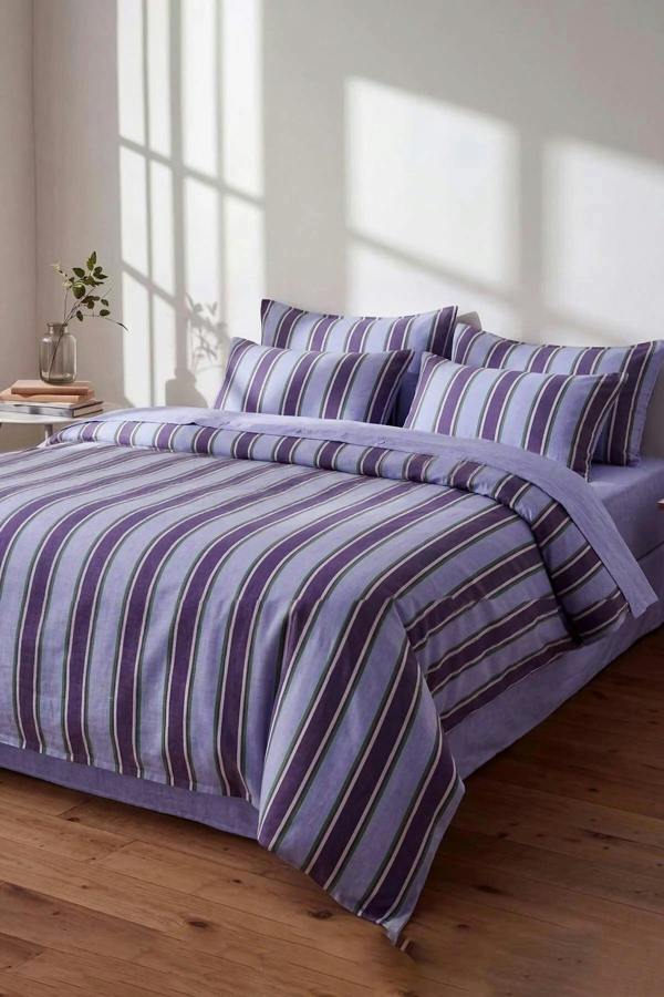 WOVCOR Double Easy Iron Striped Fitted Sheet Duvet Cover Set 200x220cm