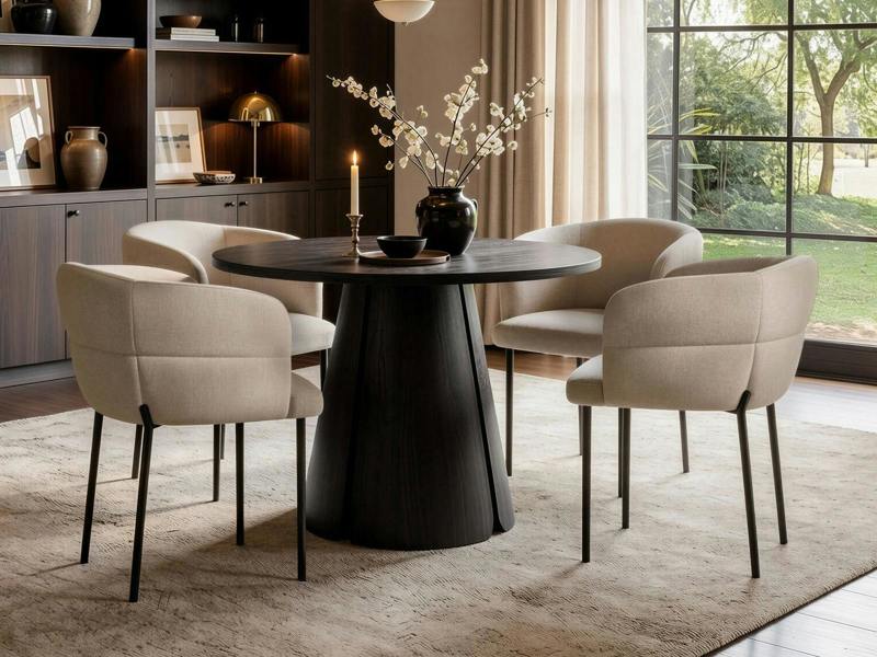 Ebony Black Extendable Dining Table with 4 Elise Chairs Beige