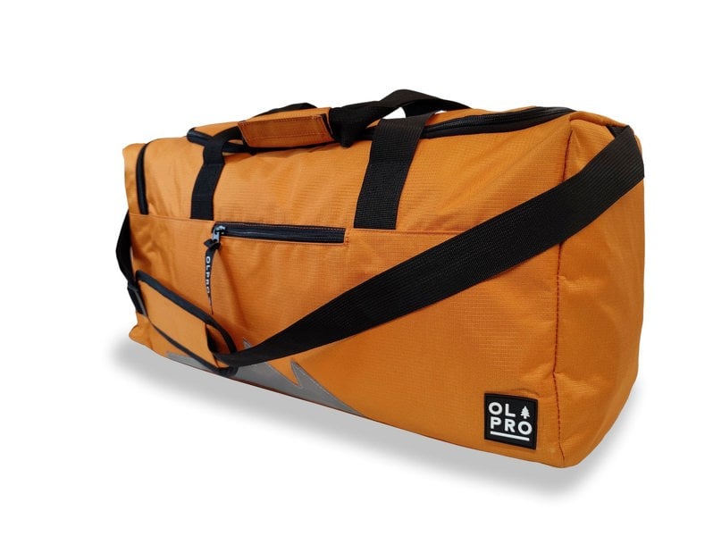 Orange 40L Holdall OLPRO  side view showing black handles and straps