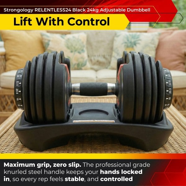 Strongology Relentless24 Home Fitness Single Adjustable Smart Dumbbell from 2.5kg up to 24kg Training Weights