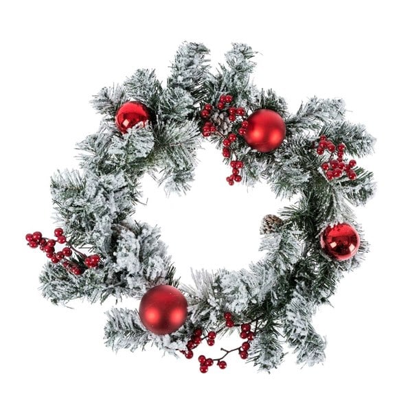 HOMESCAPES Frosted Large Artificial Fir Branch Christmas Wreath with Red Baubles, 19 Inch