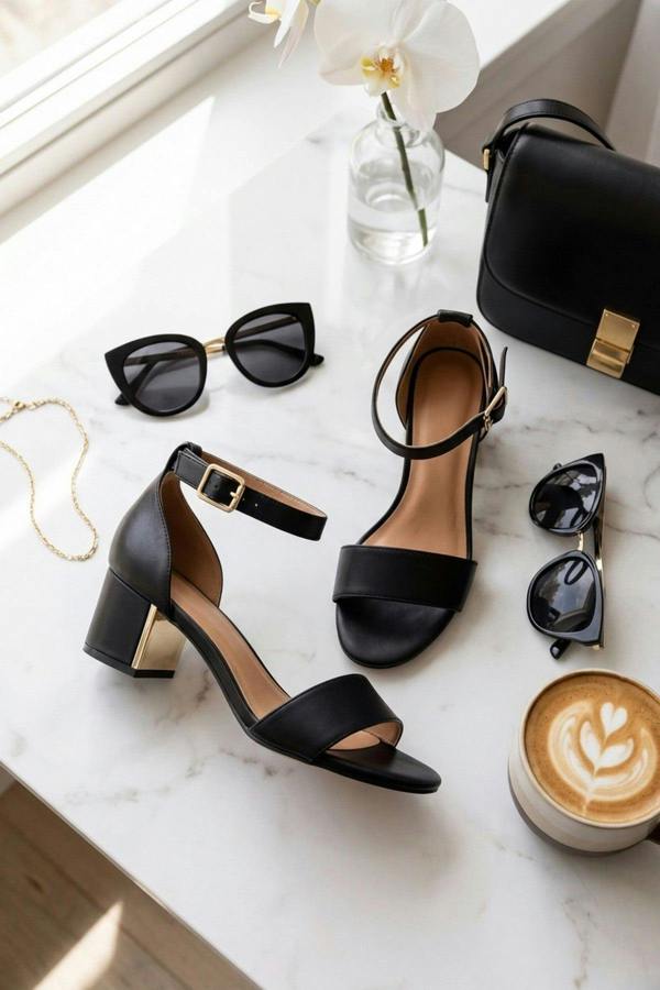 Luna Womens Gold Heel Ankle Strap Sandals - JET BLACK