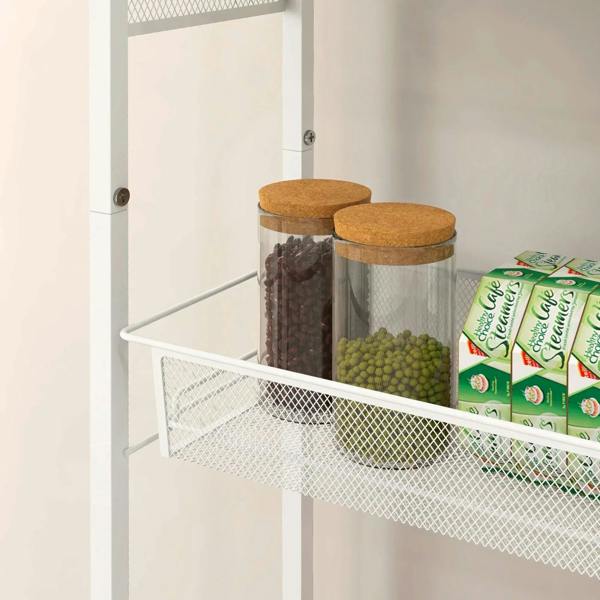 Open white 3-tier kitchen cart with steel wire basket holding canisters and pantry goods.