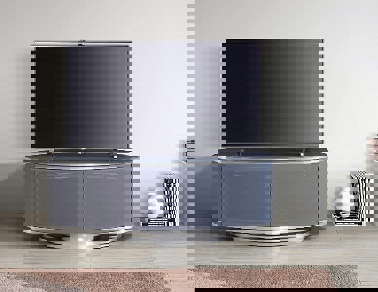 MDA Designs LUNA Grey Oval Cabinet with Grey Profiles & Grey BeamThru Glass Doors Suitable for Flat Screen TVs up to 50"