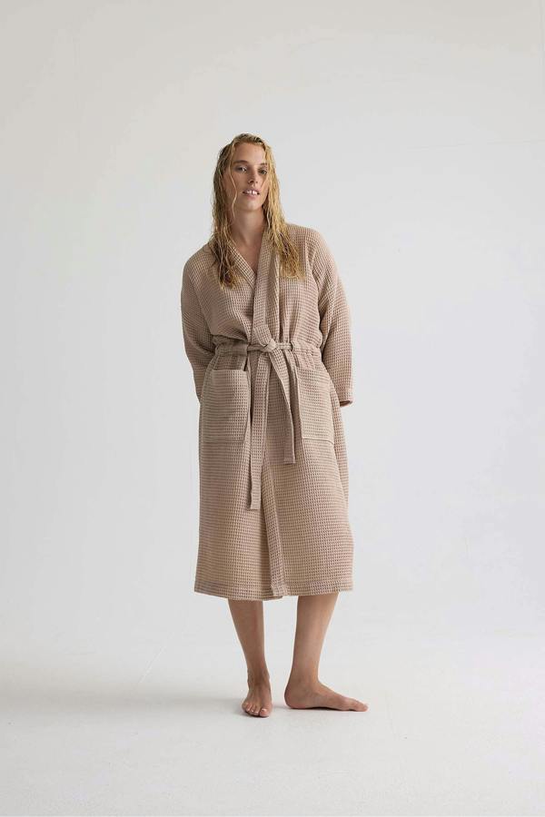Pretty You London Waffle Kimono Robe In Summer Sand