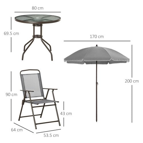 Wyld Haus Misotte Metal and Mesh Light Grey 4 Seater Garden Dining Set With Parasol Folding Chairs And Glass Table