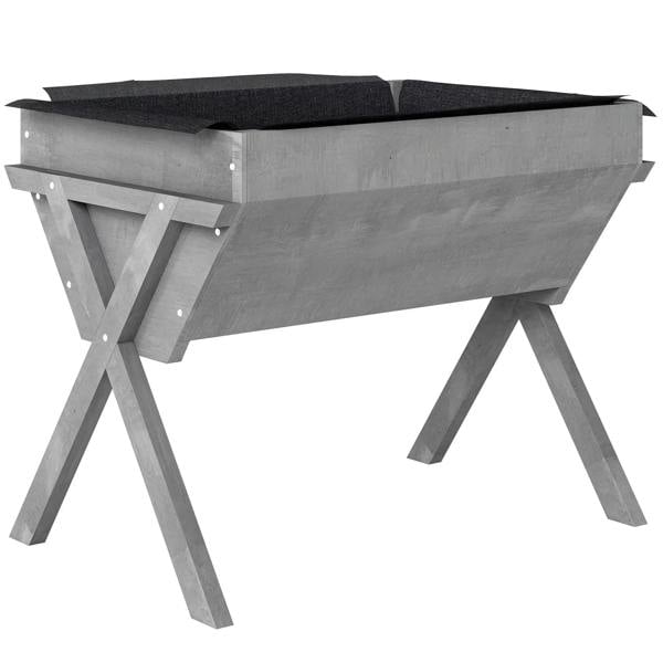 Light grey raised garden bed planter with legs and dark bed liner