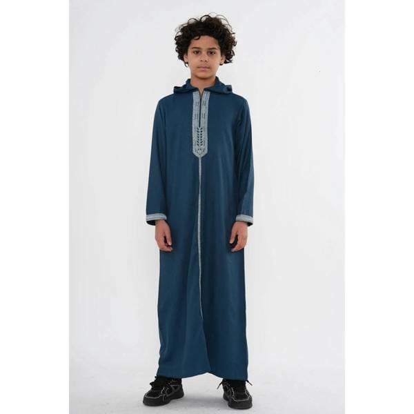 Boy's Moroccan Thobe Hooded Gandoura Embroidery Jubba - Aqua - Thobez - 11