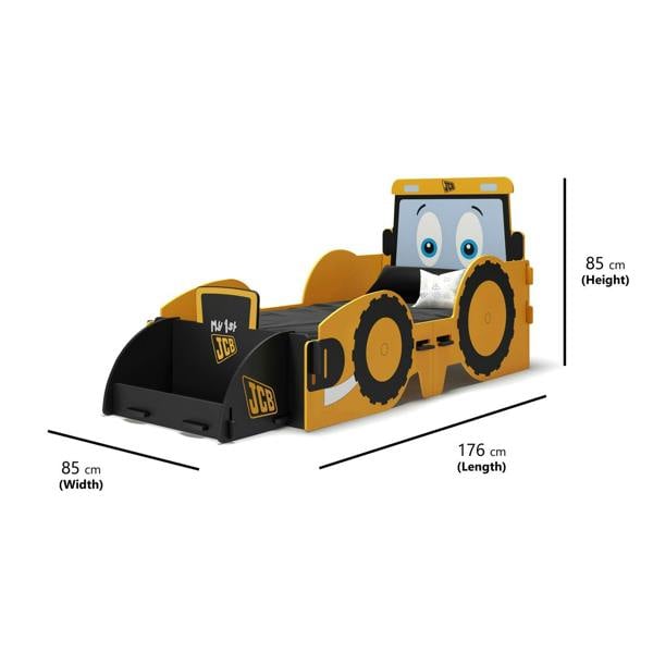 Dimensions of the Joey JCB toddler bed, which includes the skip attachment at the front.