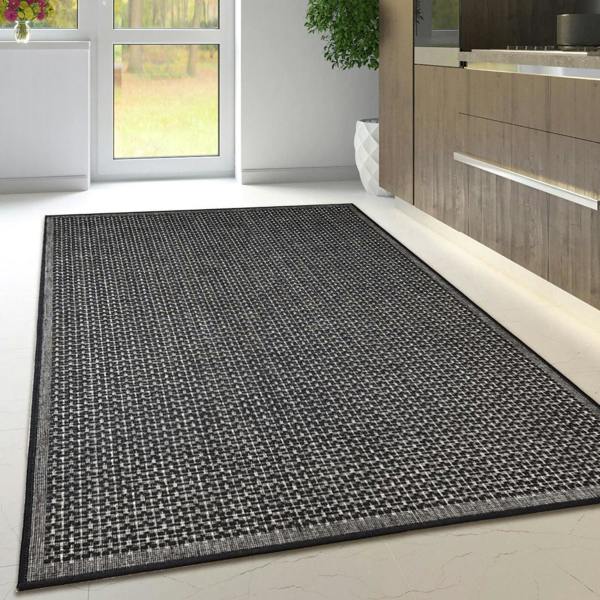 Viva Rugs Non-Slip Black Kitchen Rug Plain Solid Design Flat Weave Sisal Look Mat and Runner