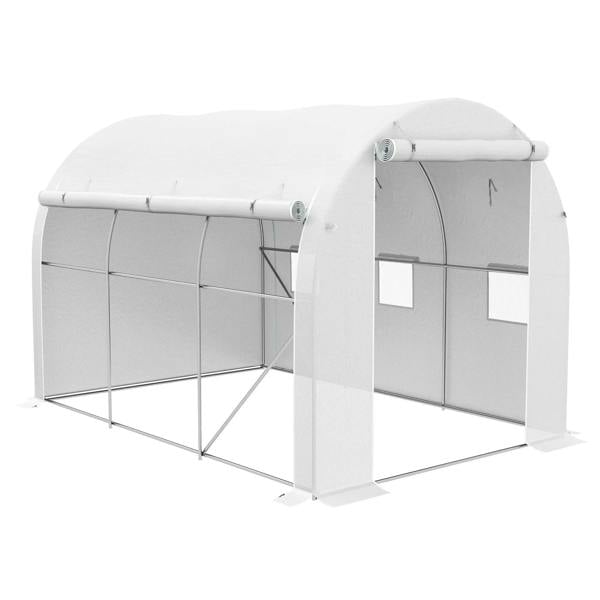 White steel frame polytunnel greenhouse with arched cover and end doors