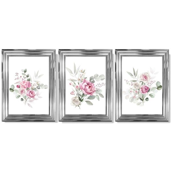 Set of 3 Pink Roses with Eucalyptus Bouquets Framed Art Prints with Glossy Chrome Frames
