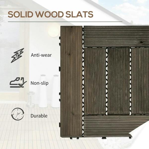 Charcoal grey wooden decking tile showing slat surface and plastic support feet