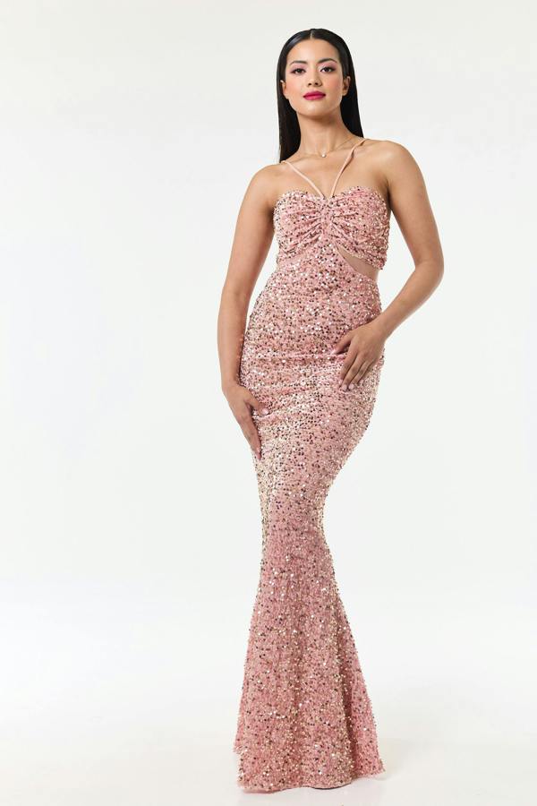 LuvForever Rose Pink Bandeau Sequin Maxi Dress
