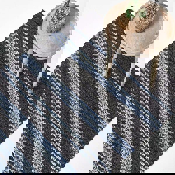 HOMESCAPES Texas Leather & Denim Woven Striped Blue Rug