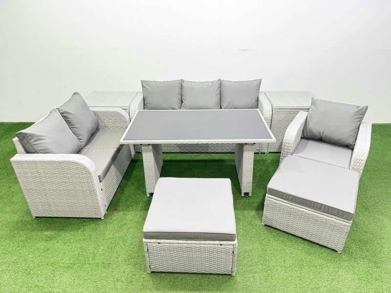 Fimous Rattan Outdoor Table Reclining Chair Sofa Set with 2 Side Tables 2 Big Stools Light Grey 8 Seater