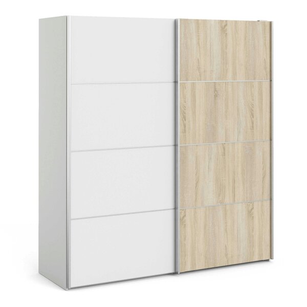 Wyld Haus Bordeaux Wide White and Natural Oak Double Sliding Door Wardrobe 5 Shelves 180cm