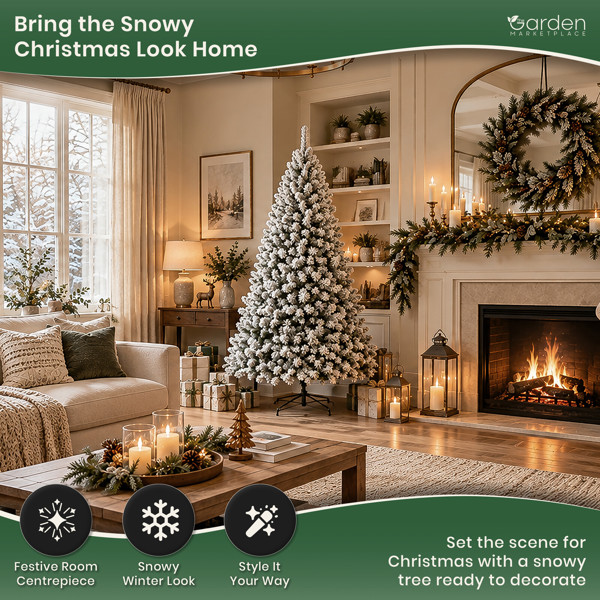 Flocked Woodcote Spruce Artificial Christmas Tree with Snow, 1.8m, 640 Tips, Hinged Branches, 106cm Wide, Metal Stand
