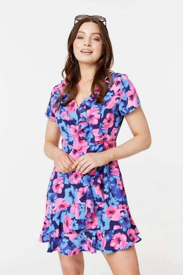 Blue | Floral Frill Faux Wrap Short Dress
