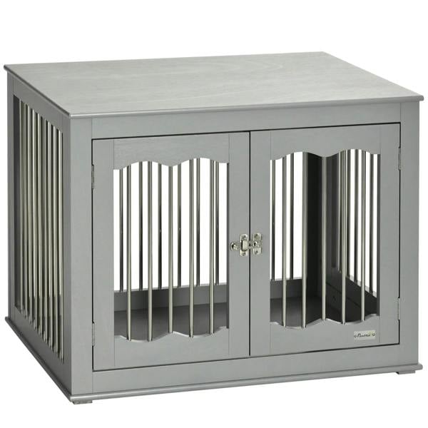 Grey dog crate end table with slatted panels and two front doors, tabletop on top