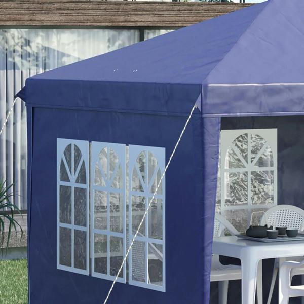 Blue pop-up gazebo tent corner with white window panel and tied support rope