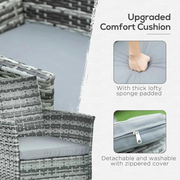 Grey rattan armchair with thick cushion and zippered removable cover