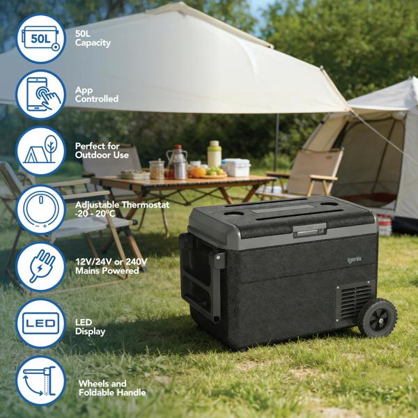 The Igenix 50L Portable Fridge Freezer, Black, with wheels and handle, is shown by a tent and camping table. Icons illustrate its 50L capacity, app control, outdoor use, adjustable thermostat, versatile power options, LED display, and portability.