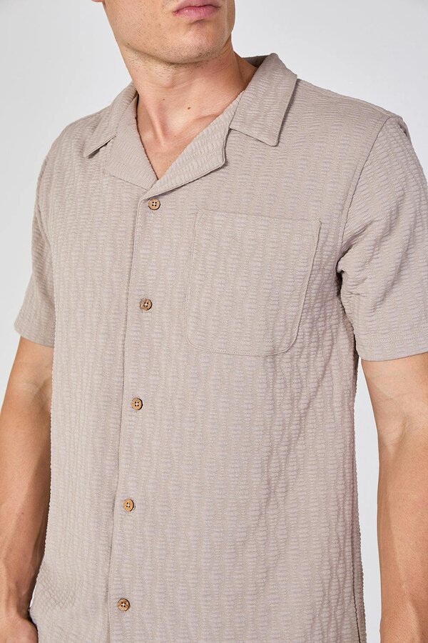 Textured Short Sleeve Revere Collar Shirt - Beige