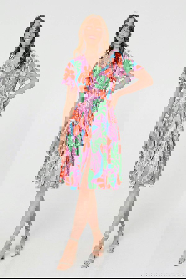 Pink | Abstract Shirred Knee Length Dress