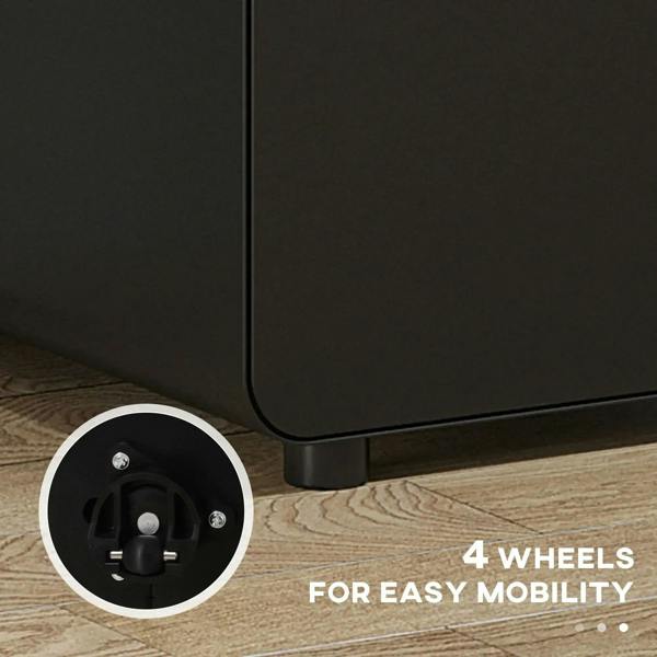 Black file cabinet with four caster wheels for easy mobility and sturdy base