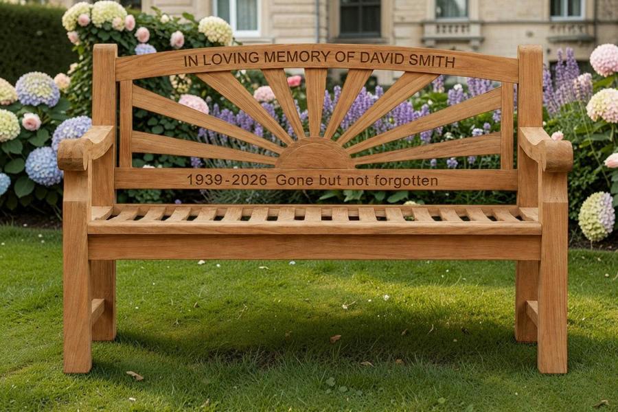 Memorials Direct Premium Chunky Teak Sunrise Memorial Bench, Add Your Personal Engraving