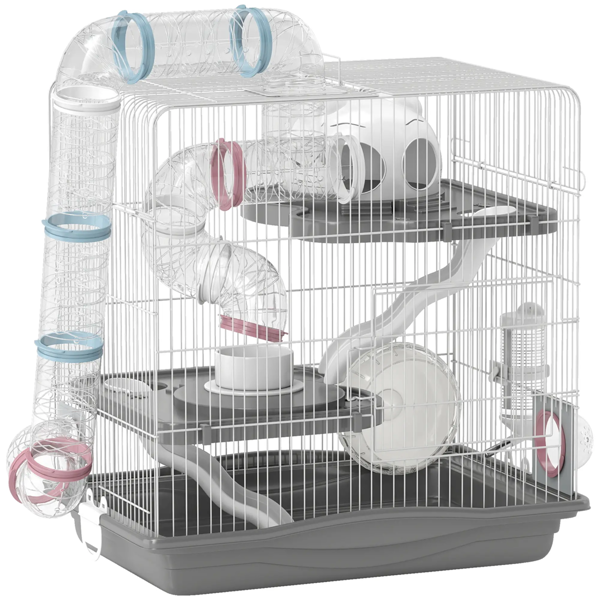 3-Tier Hamster Cage with Exercise Wheels, Water Bottle, Food Dish, for Dwarf Hamsters, 45 x 30 x 45 cm, Grey