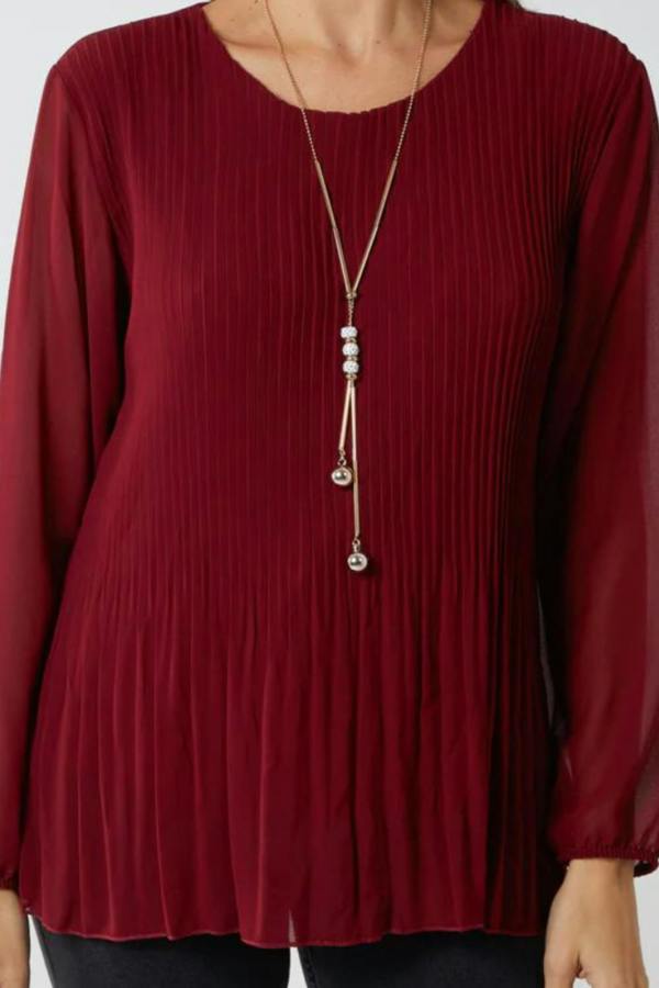 Hoxton Gal Oversized Long Sleeves Pleated Top with Tulle Details in Burgundy with Necklace