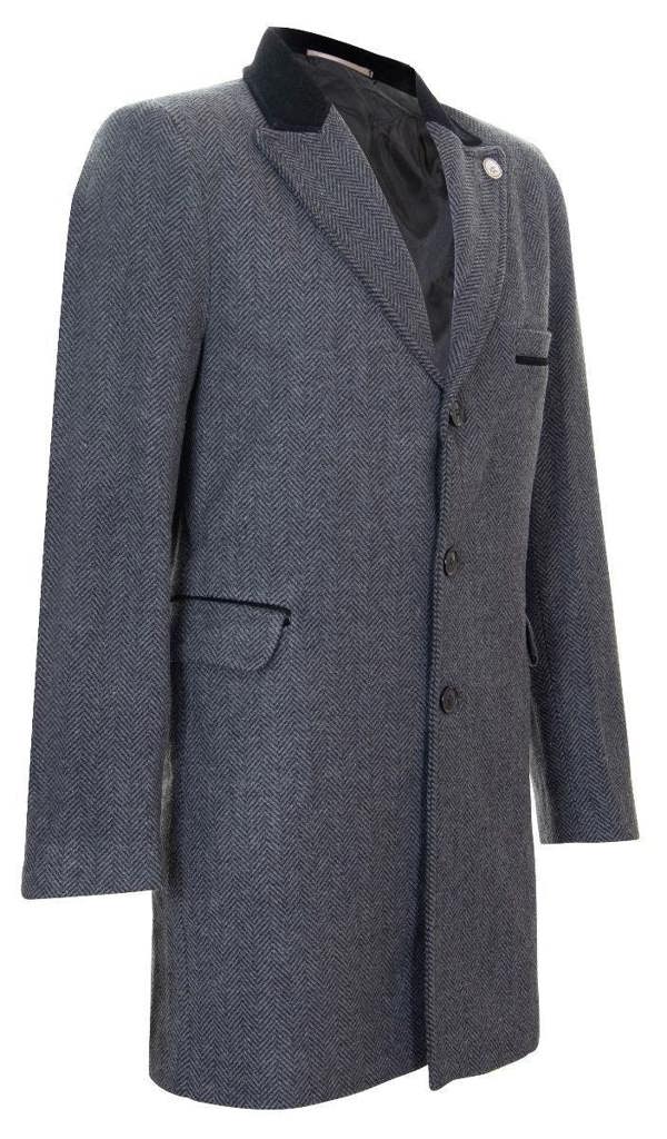 TruClothing Mens 3/4 Long Grey Overcoat Jacket Herringbone Tweed Coat Peaky Blinder