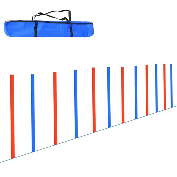 Blue agility pole carrying bag with black straps for dog training equipment