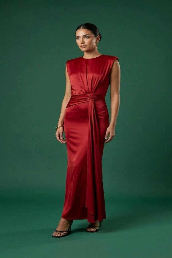 Nadia Sleeveless Gathered Maxi Dress With Drape - Red