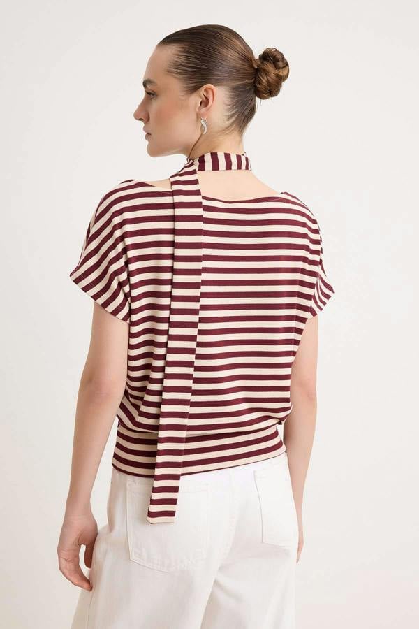 WOVCOR Boat Neck Batwing Sleeve Belted Knit Blouse
